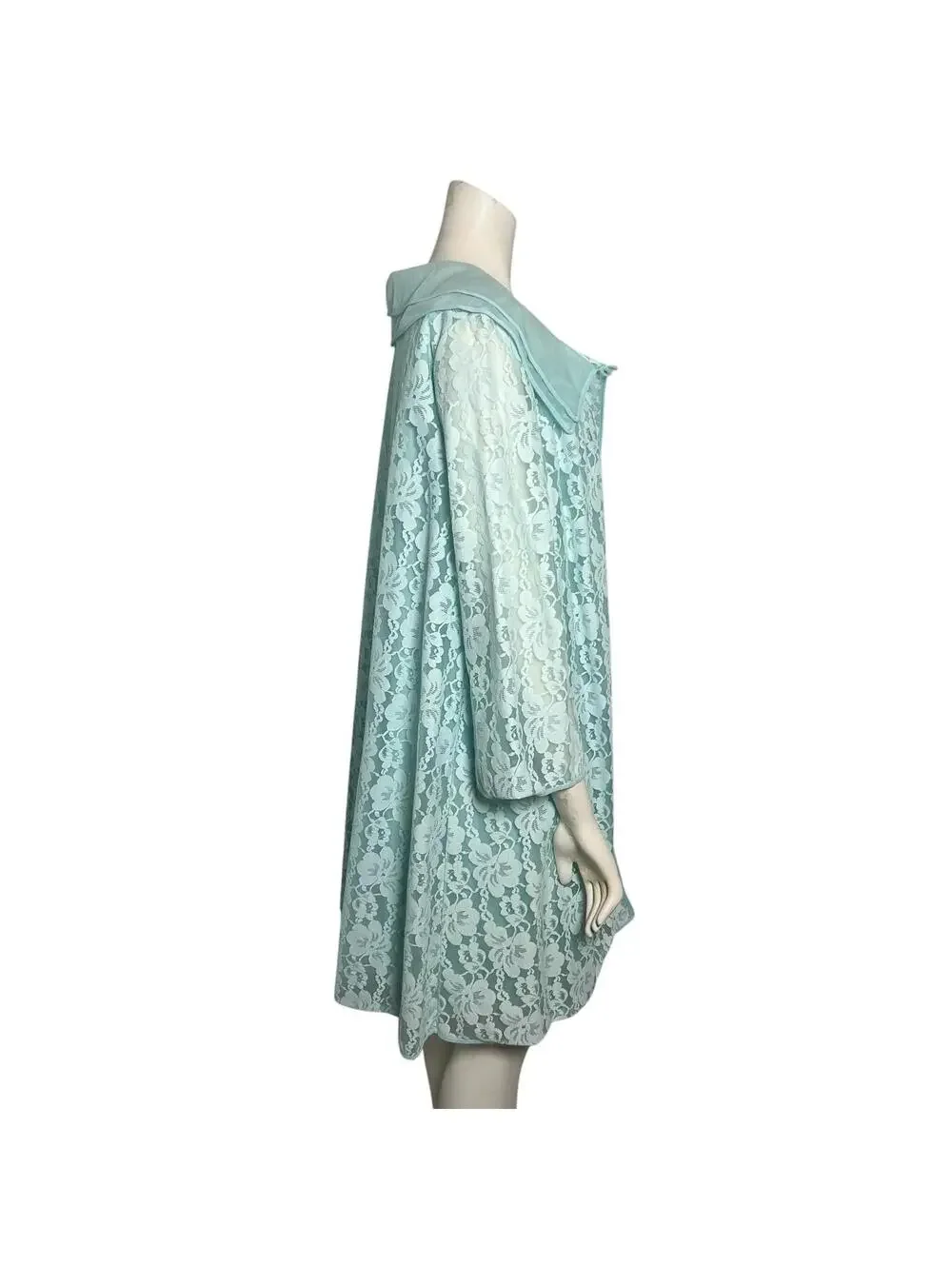 Vintage 1960s Aqua Blue Lace Peignoir Set Robe & Slip Nylon Nightgown LARGE - Picture 4 of 9